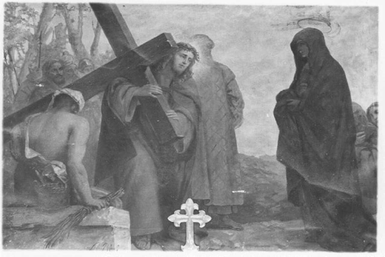 stazione IV: Gesù incontra la Madonna (dipinto) di Rizzi Lorenzo (sec. XIX)