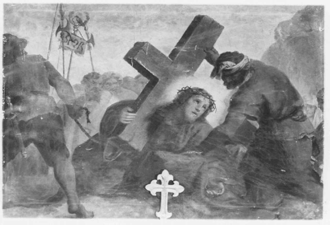 stazione VII: Gesù cade sotto la croce la seconda volta (dipinto) di Rizzi Lorenzo (sec. XIX)