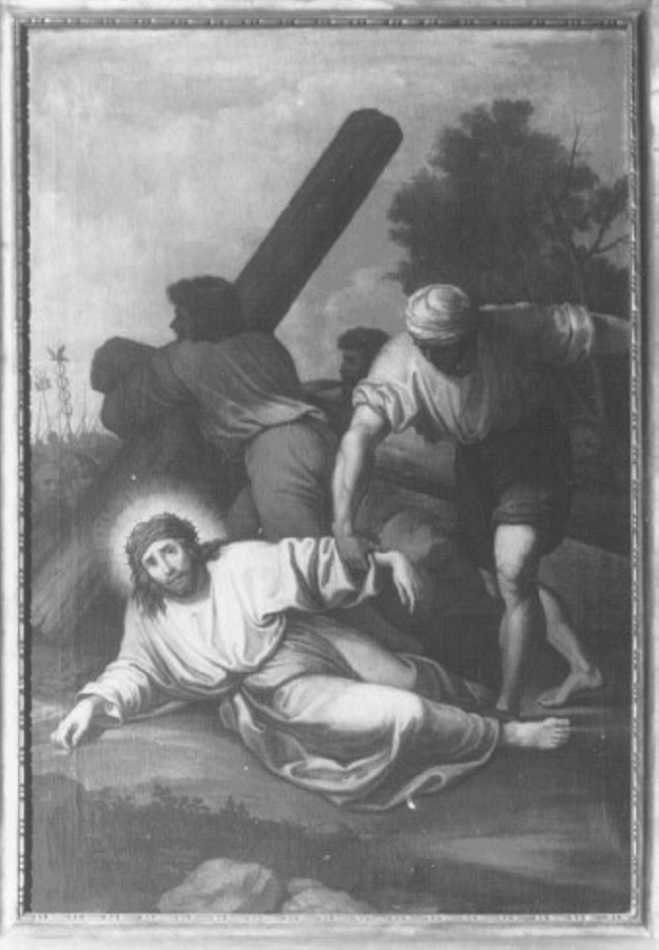 stazione VII: Gesù cade sotto la croce la seconda volta (dipinto) di Caliari Giovanni Battista (sec. XIX)