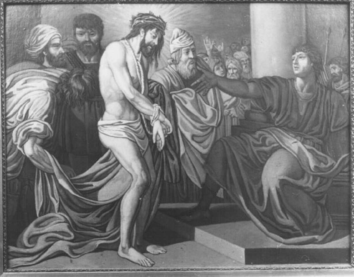 stazione I: Gesù condannato a morte (dipinto, elemento d'insieme) - ambito veneto (fine/inizio secc. XIX/ XX)