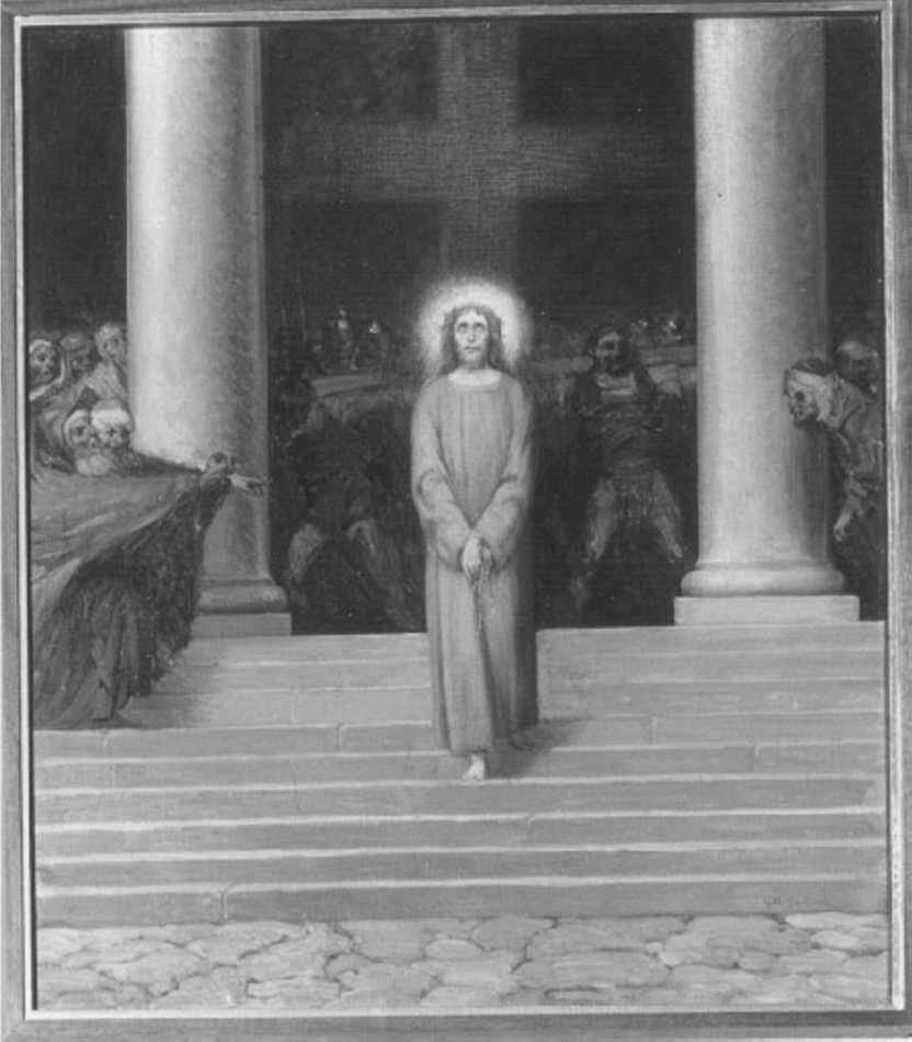 stazione I: Gesù condannato a morte (dipinto) di Galizzi Giovanni Battista (sec. XX)