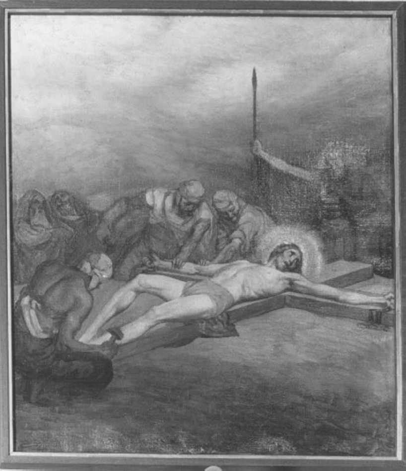 stazione XI: Gesù inchiodato alla croce (dipinto) di Galizzi Giovanni Battista (sec. XX)