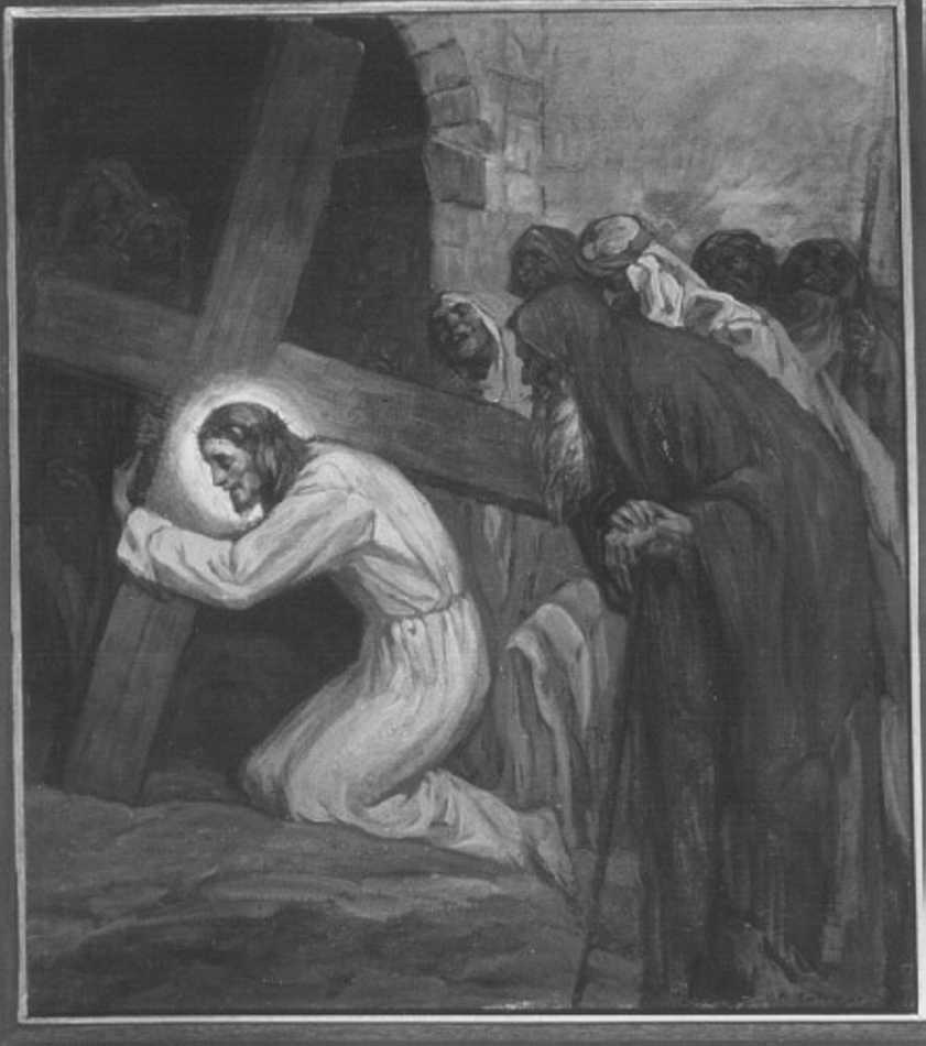stazione VII: Gesù cade sotto la croce la seconda volta (dipinto) di Galizzi Giovanni Battista (sec. XX)