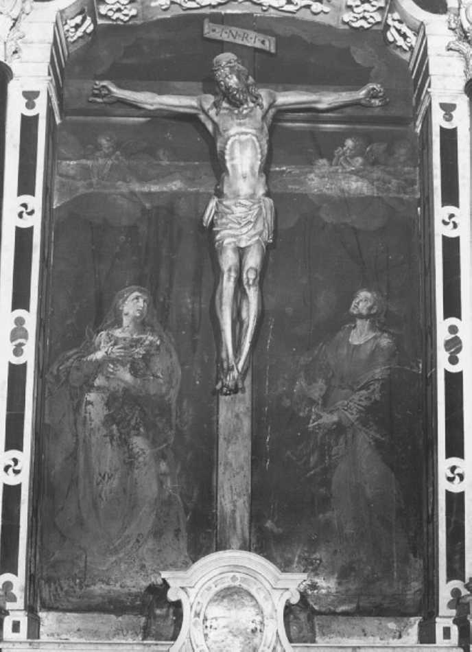 crocifissione di Cristo con la Madonna, San Giovanni Evangelista, Stephaton e Longino (dipinto) di Prunati Santo (sec. XVII)