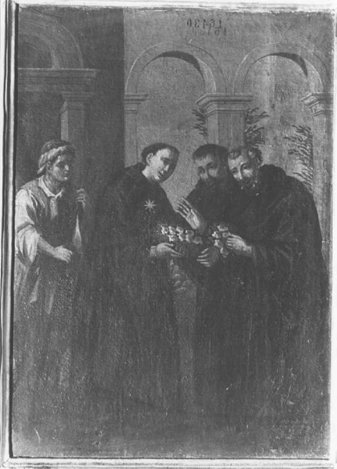 San Nicola offre un cestino di rose a due confratelli, San Nicola da Tolentino (dipinto) di Zanconti Domenico (ultimo quarto sec. XVIII)
