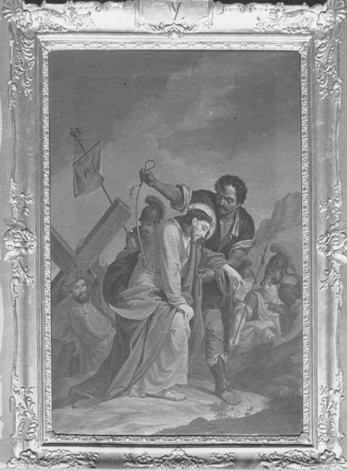 stazione V: Gesù aiutato da Simone il Cireneo a portare la croce (dipinto) - ambito veneto (sec. XIX)