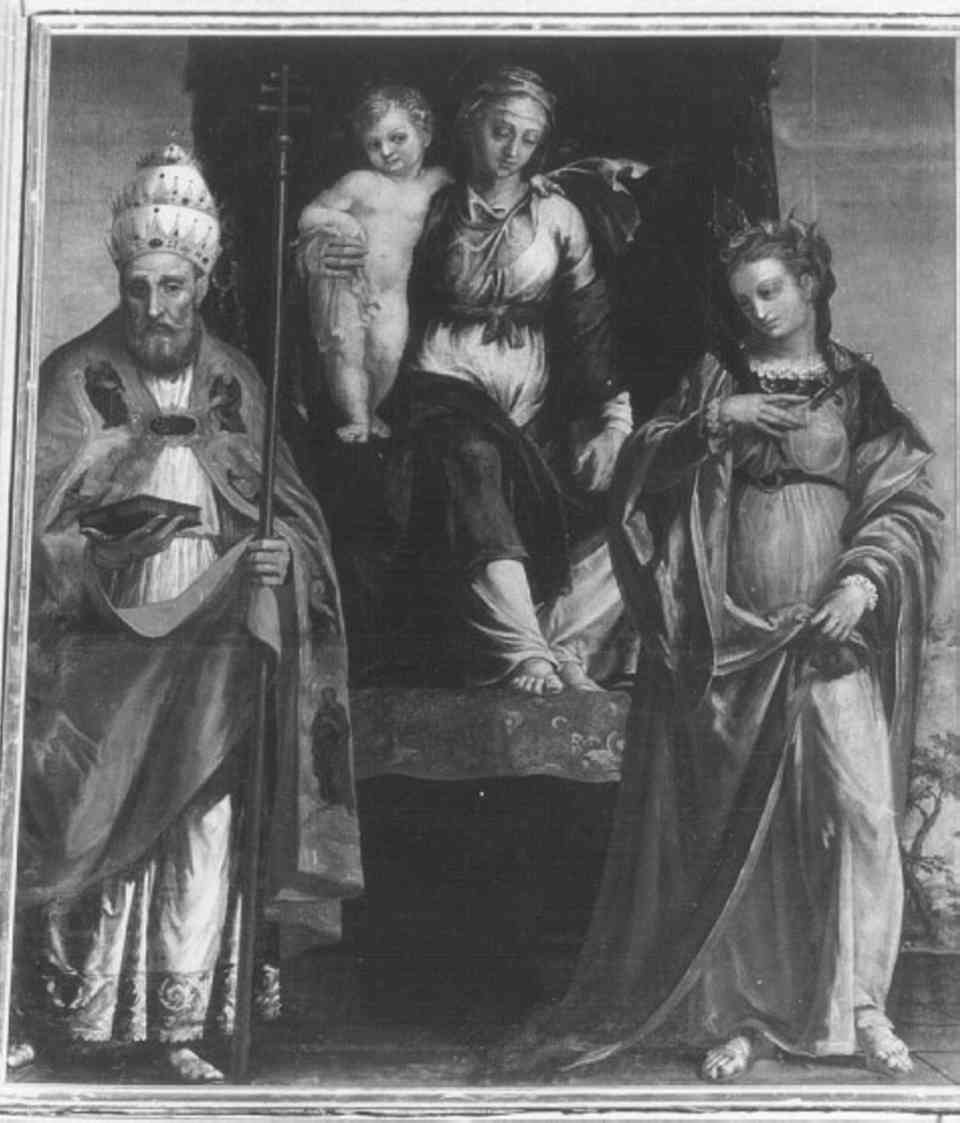 Madonna con Bambino e Santi (dipinto) di Brusazorzi Domenico (cerchia) (seconda metà sec. XVI)