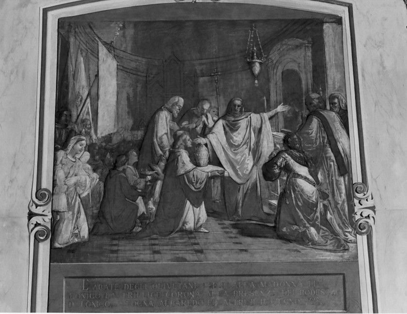 Storie della Madonna di Lonigo: Incoronazione con la triplice coron a (dipinto) di Pitacco Rocco (sec. XIX)