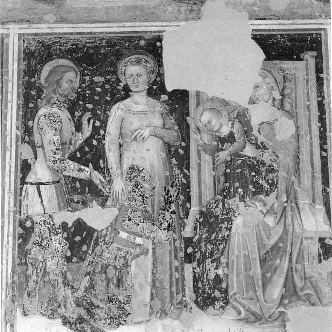 Madonna con Bambino in trono tra santi (dipinto) di Badile Bartolomeo (sec. XIV)