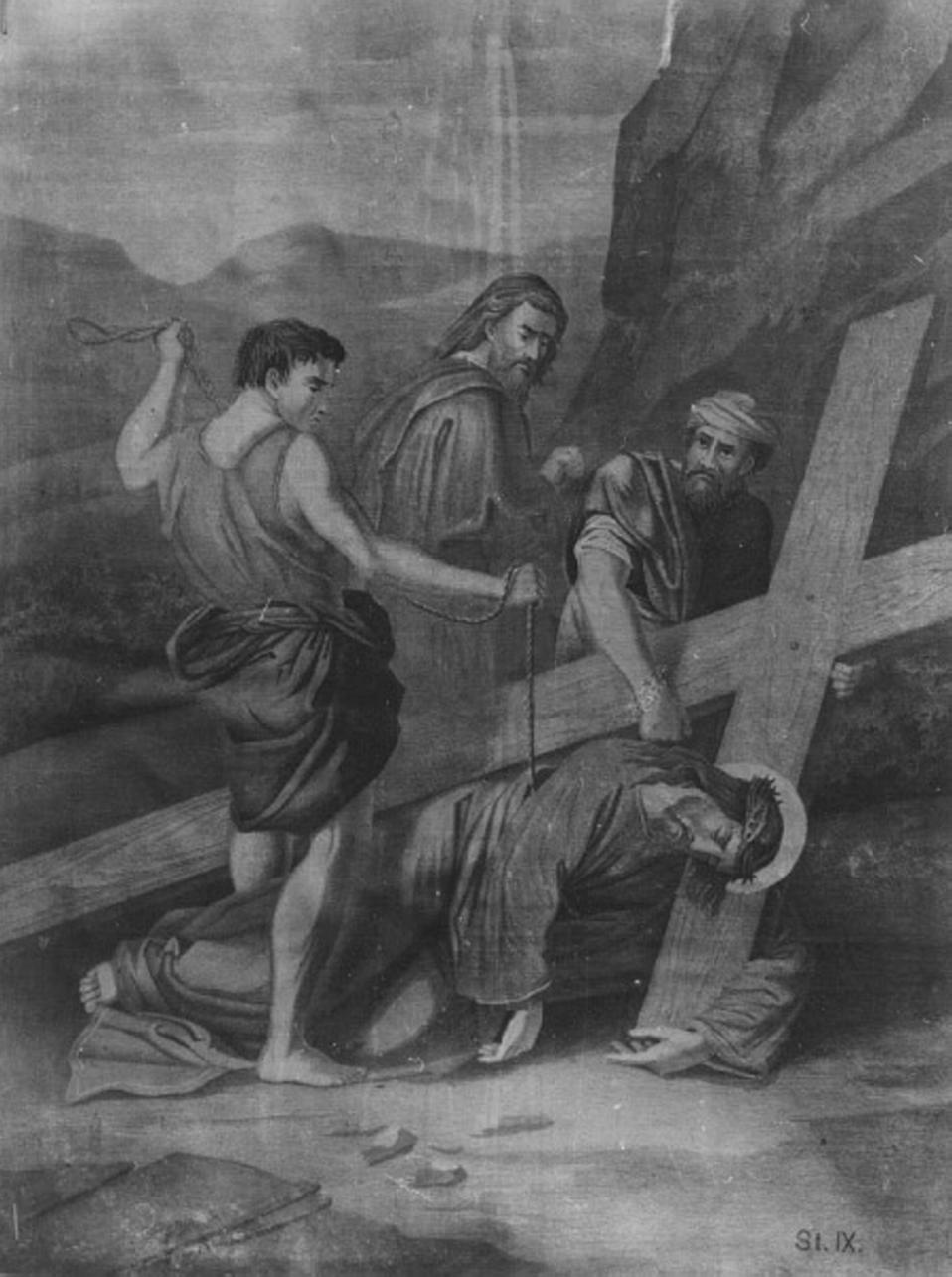 stazione IX: Gesù cade sotto la croce la terza volta (dipinto) - ambito vicentino (sec. XVII)