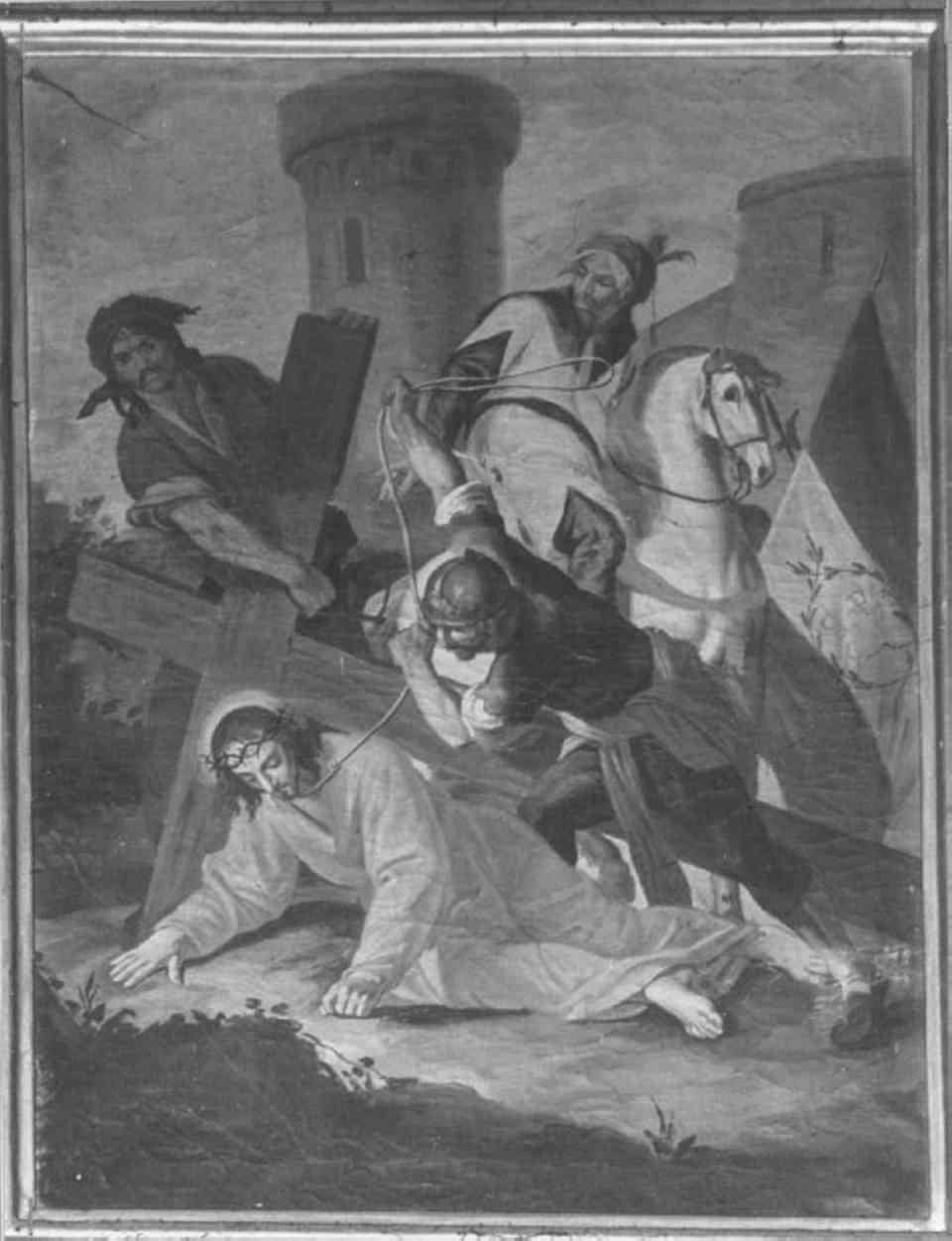 stazione VII: Gesù cade sotto la croce la seconda volta (dipinto) di Zeni Bartolomeo, Zeni Domenico (sec. XVIII)