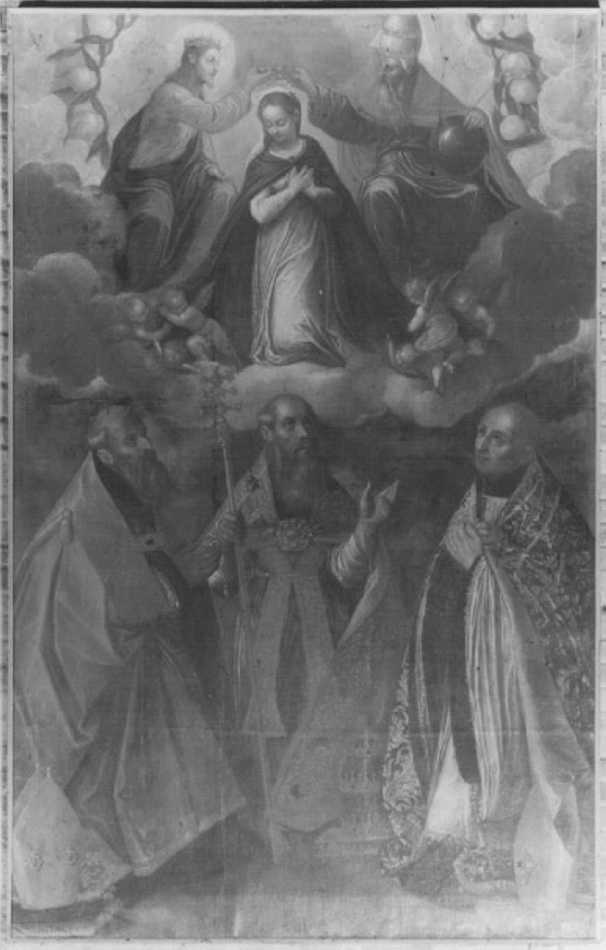 La Vergine incoronata e tre santi (dipinto) di Damini Pietro (attribuito) (sec. XVII)