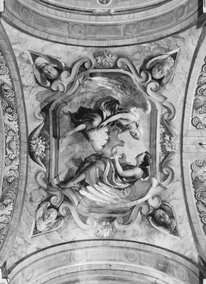Angeli reggistemma, motivi decorativi a finti marmi con testine angeliche e gigli (dipinto) - ambito veneto (sec. XX)