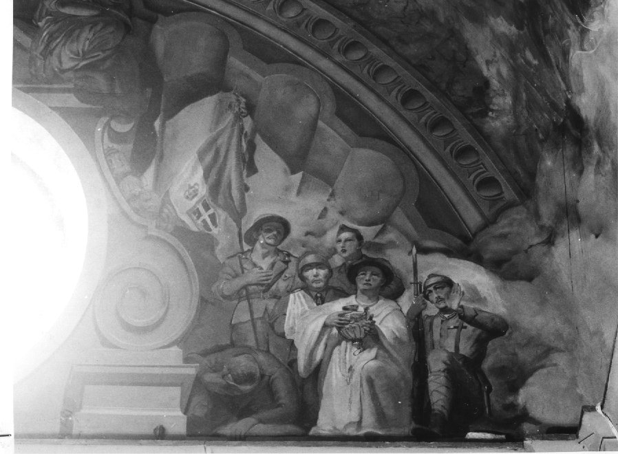 Monaco olivatano e soldati del Regno d'Italia in preghiera, finta a rchitettura (dipinto) - ambito veneto (sec. XX)