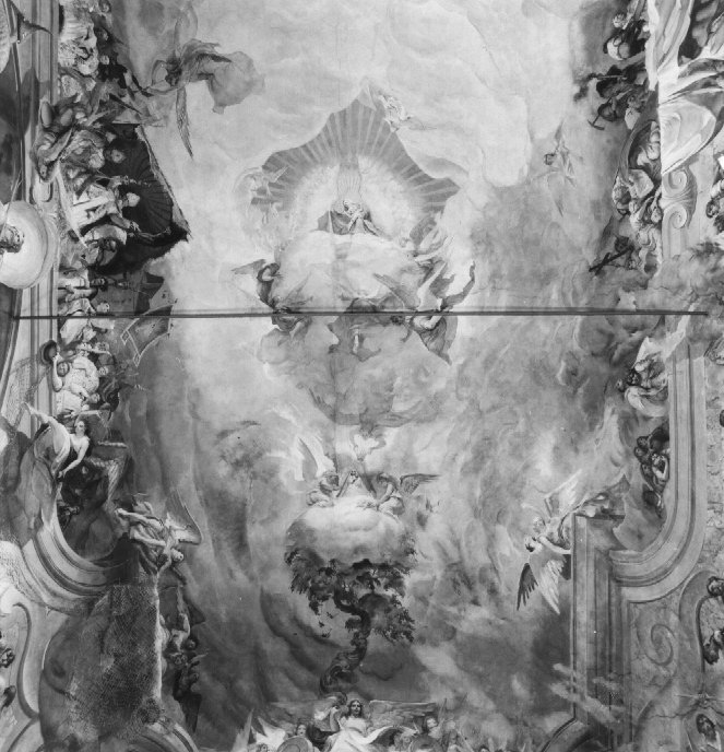 Madonna con Bambino in gloria che trasmette forza taumaturgica alla statuetta della Madonna del Pilastrello (dipinto) - ambito veneto (sec. XX)