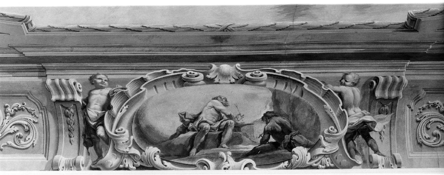 Vulcano forgia il fulmine di Giove (soffitto dipinto, elemento d'insieme) di Anselmi Giorgio (sec. XVIII)