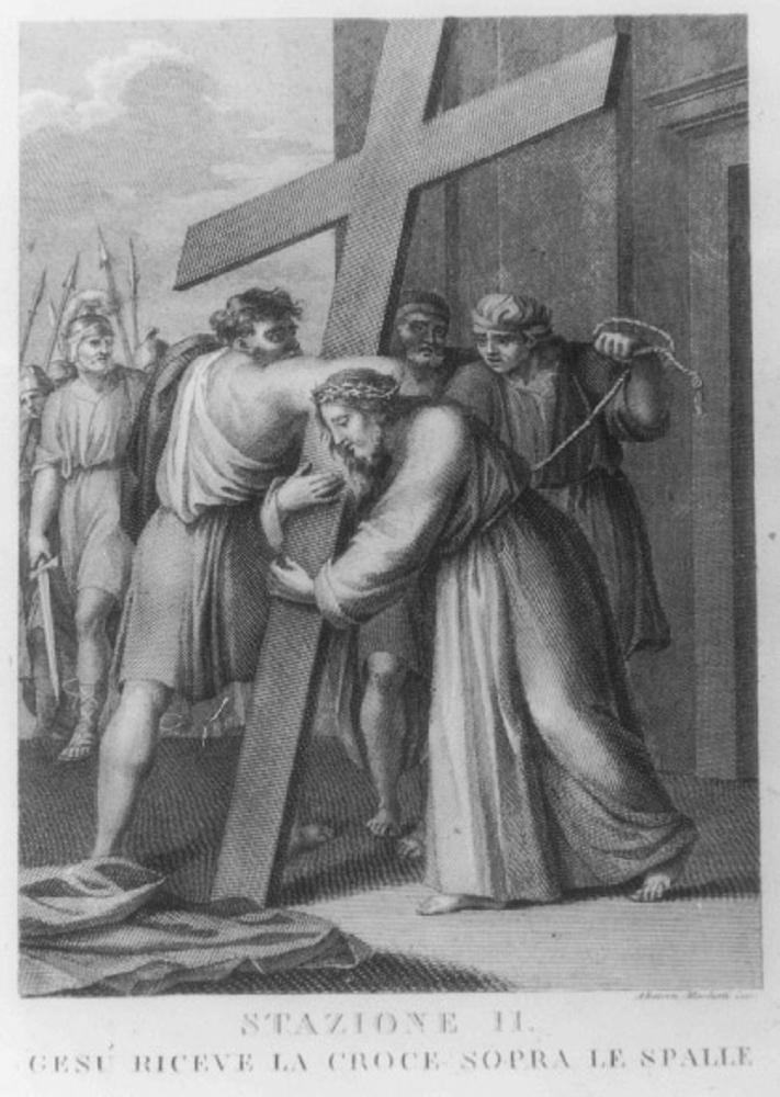 stazione II: Gesù caricato della croce (stampa) di Mochetti Alessandro (prima metà sec. XX)