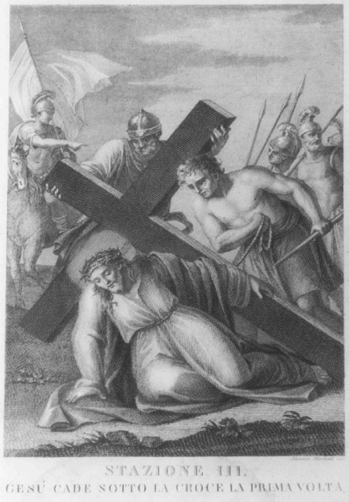 stazione III: Gesù cade sotto la croce la prima volta (stampa) di Mochetti Alessandro (prima metà sec. XX)