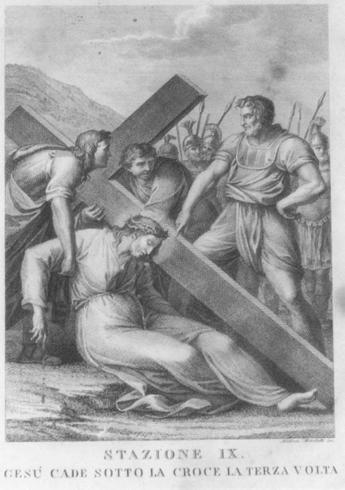 stazione IX: Gesù cade sotto la croce la terza volta (stampa) di Mochetti Alessandro (prima metà sec. XX)