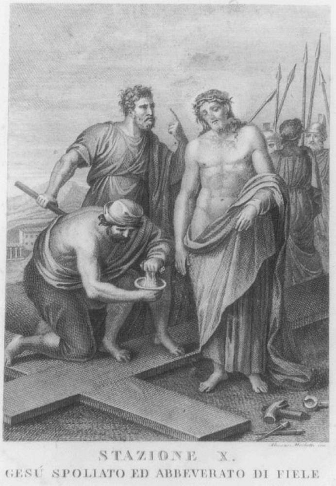 stazione X: Gesù spogliato e abbeverato di fiele (stampa) di Mochetti Alessandro (prima metà sec. XX)