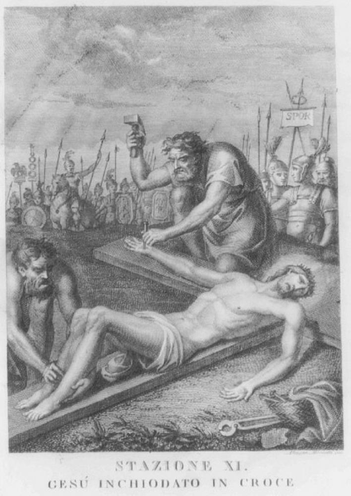 stazione XII: Gesù innalzato e morto in croce (stampa) di Mochetti Alessandro (prima metà sec. XX)