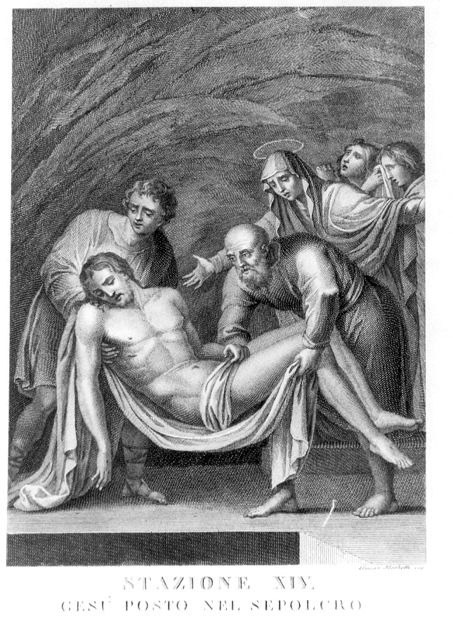 stazione XIV: Gesù deposto nel sepolcro (stampa) di Mochetti Alessandro (prima metà sec. XX)