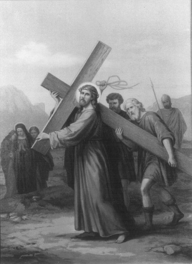 stazione V: Gesù aiutato da Simone il Cireneo a portare la croce (stampa) - ambito veneto (secc. XIX/ XX)