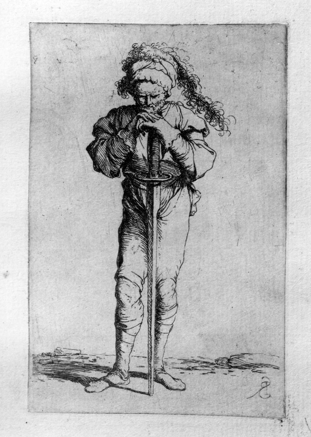 Soldato in piedi apoggiato ad uno spadone, soldato (stampa, serie) di Rosa Salvatore (sec. XVIII)