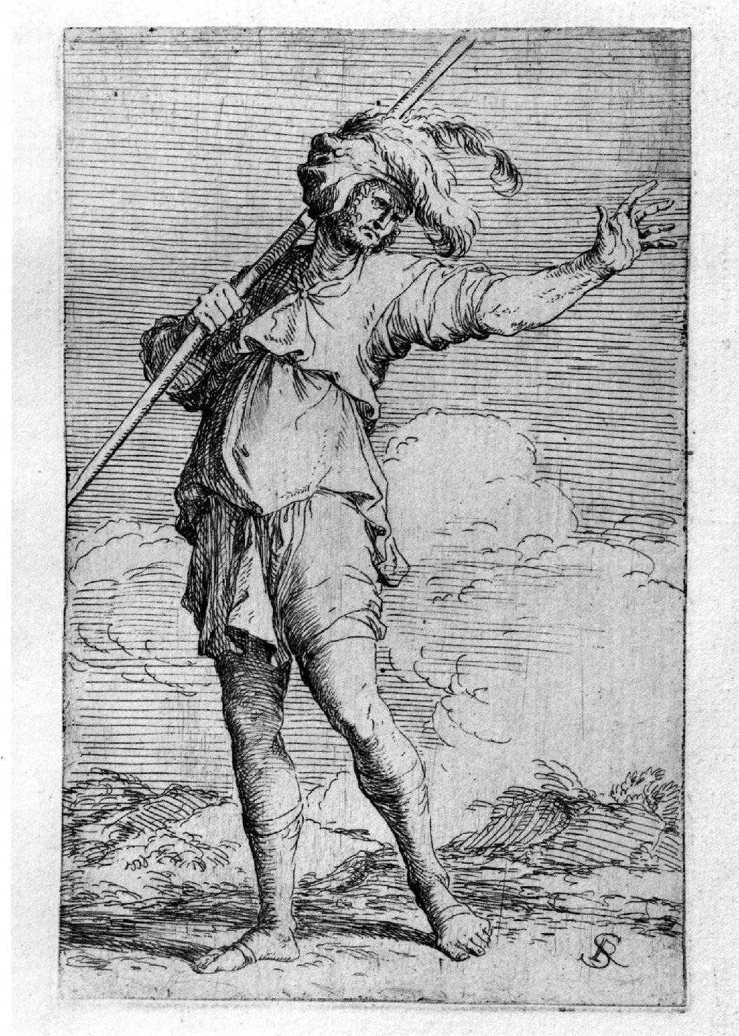 Soldato che regge con la destra un'asta appoggiata alla spalla, soldato (stampa, serie) di Rosa Salvatore (sec. XVIII)