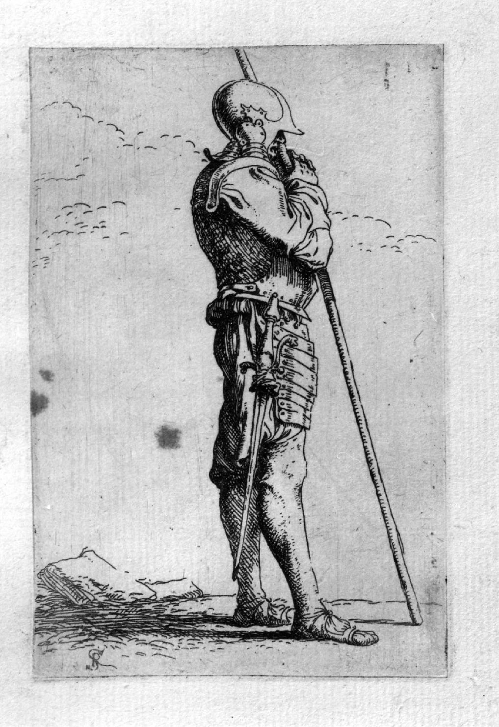 Soldato di profilo appoggiato alla lancia, soldato (stampa, serie) di Rosa Salvatore (sec. XVIII)