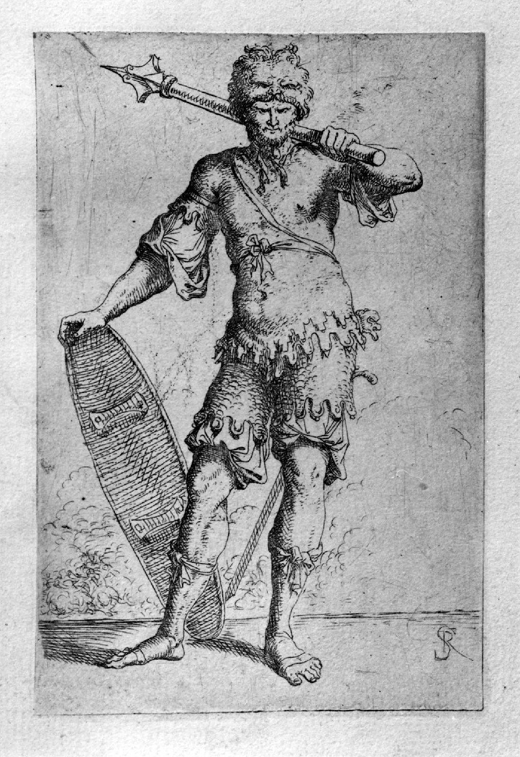 Soldato con mazza ferrata e scudo ovale, soldato (stampa, serie) di Rosa Salvatore (sec. XVIII)