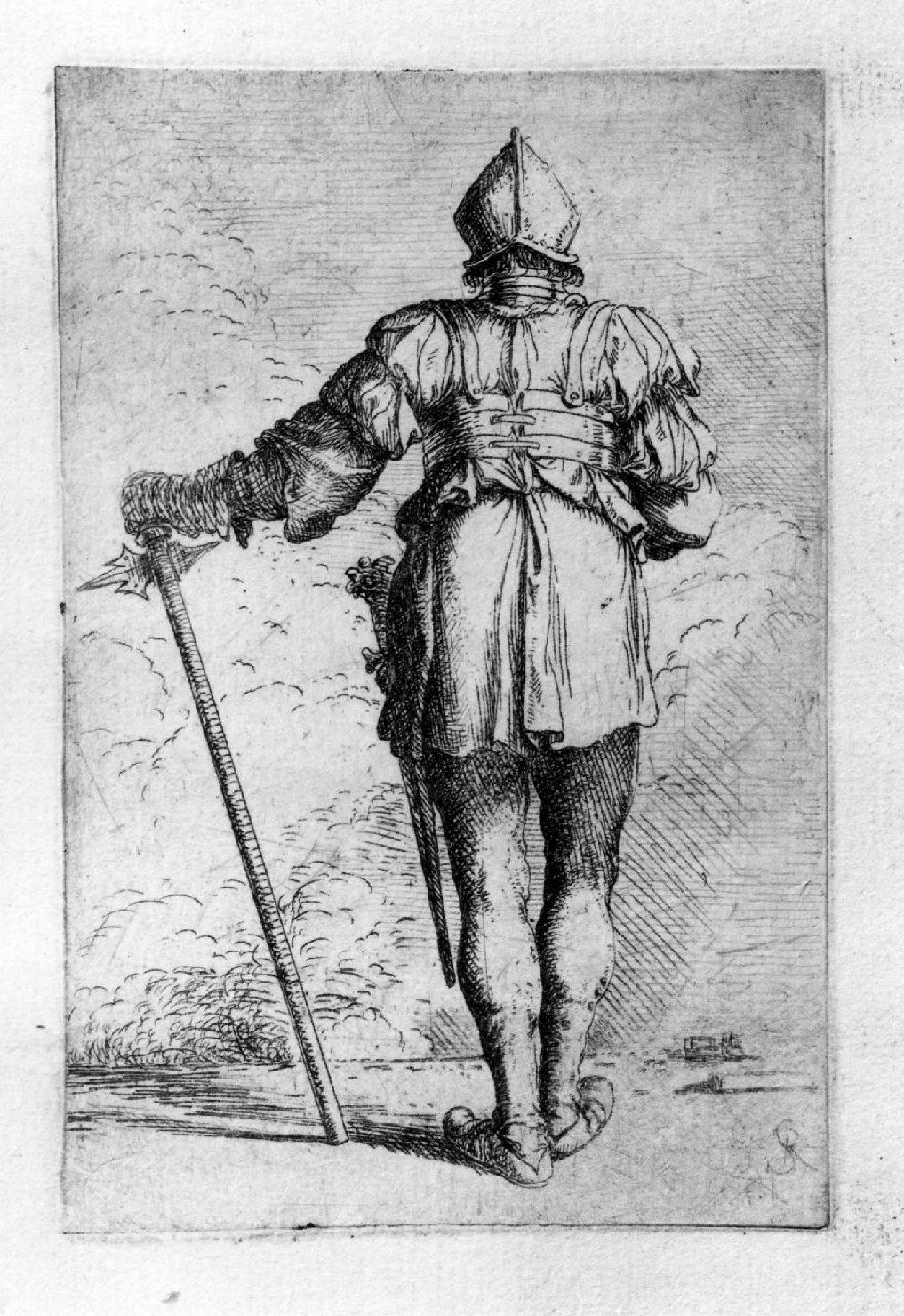 Soldato di spalle con la sinistra appoggiata ad una mazza, soldato (stampa, serie) di Rosa Salvatore (sec. XVIII)