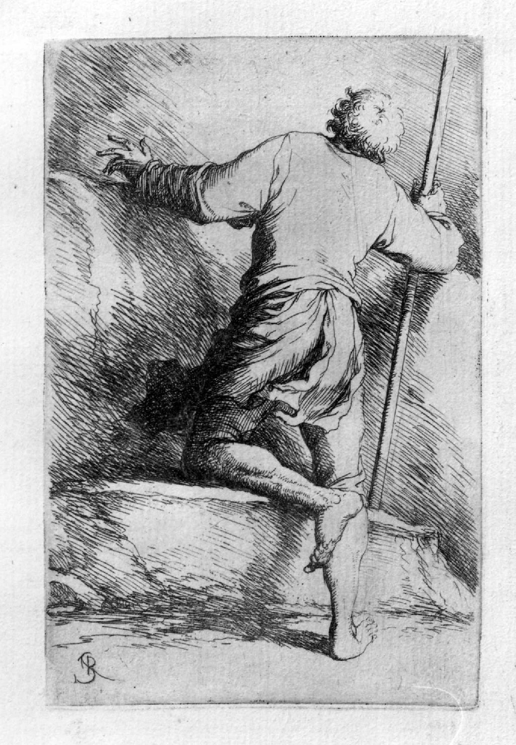 Uomo scalzo appoggiato ad un bastone e inginocchiato presso un banco di roccia, figura maschile inginocchiata (stampa, serie) di Rosa Salvatore (sec. XVIII)