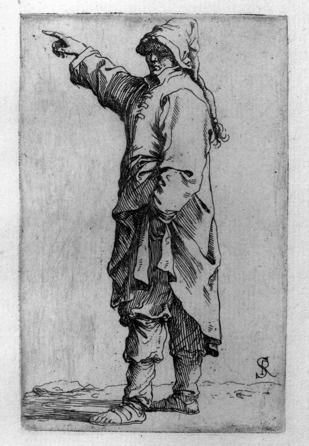 Uomo che cammina indicando con la destra, figura maschile (stampa, serie) di Rosa Salvatore (sec. XVIII)