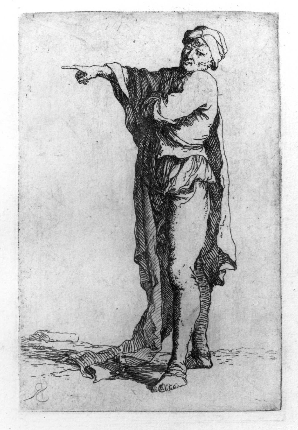 Uomo in piedi che indica con la mano destra, figura maschile (stampa, serie) di Rosa Salvatore (sec. XVIII)