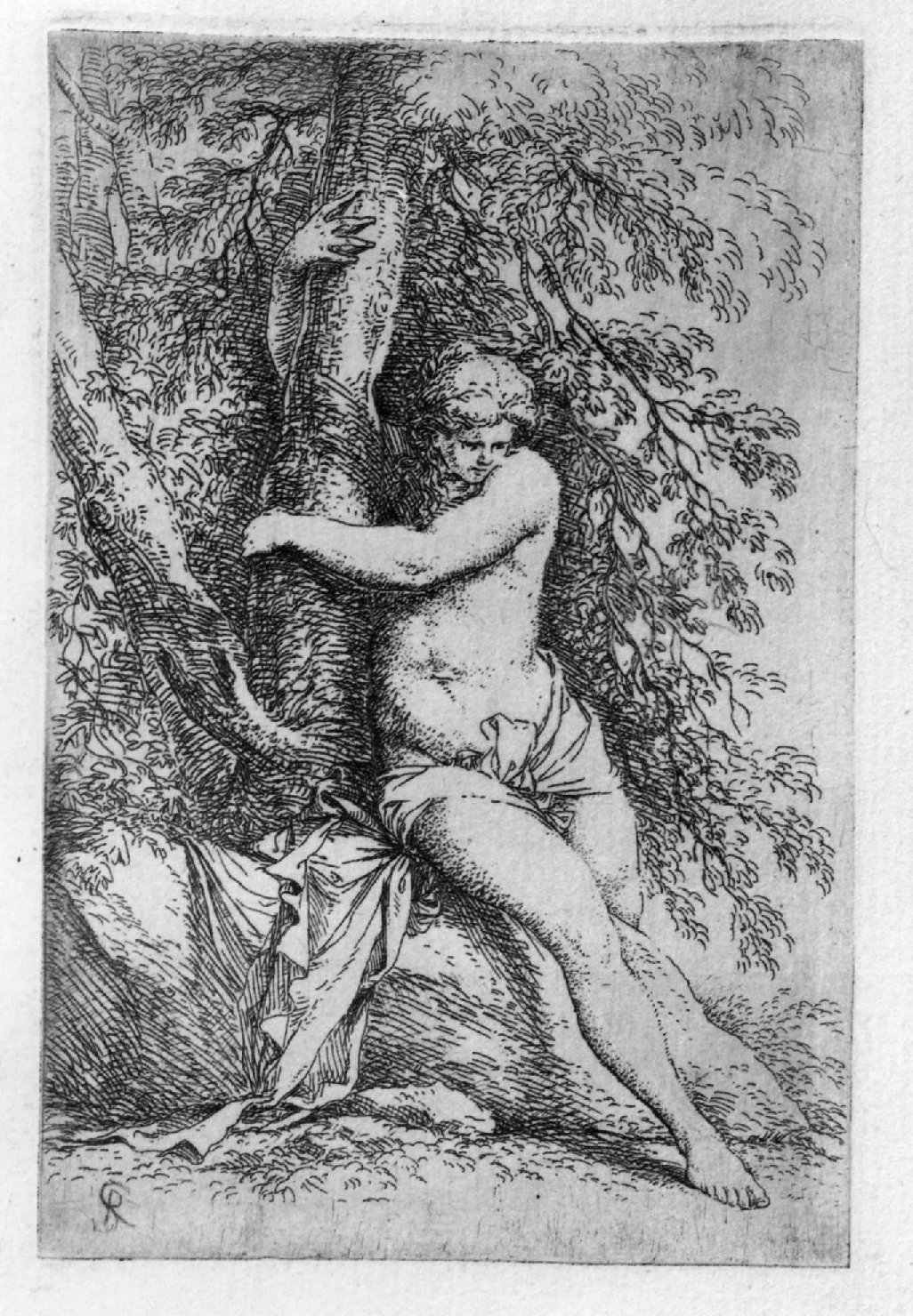 Donna nuda abbracciata ad un albero, figura femminile panneggiata (stampa, serie) di Rosa Salvatore (sec. XVIII)