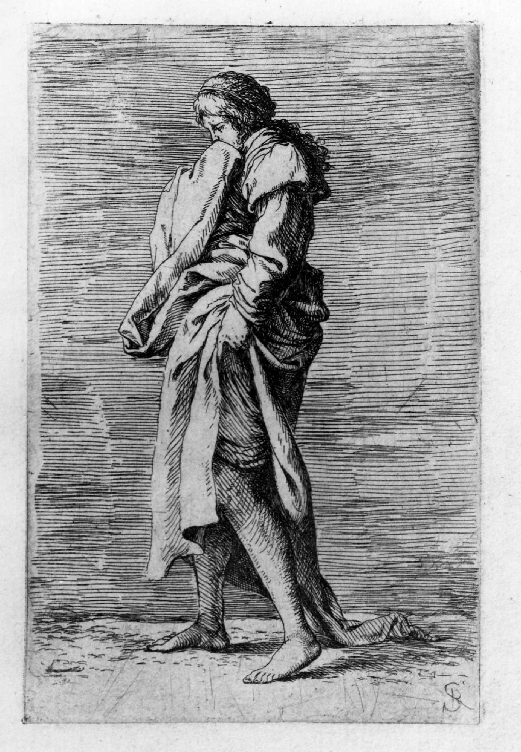 Giovane pensierosa che cammina sollevando la veste, figura femminile (stampa, serie) di Rosa Salvatore (sec. XVIII)