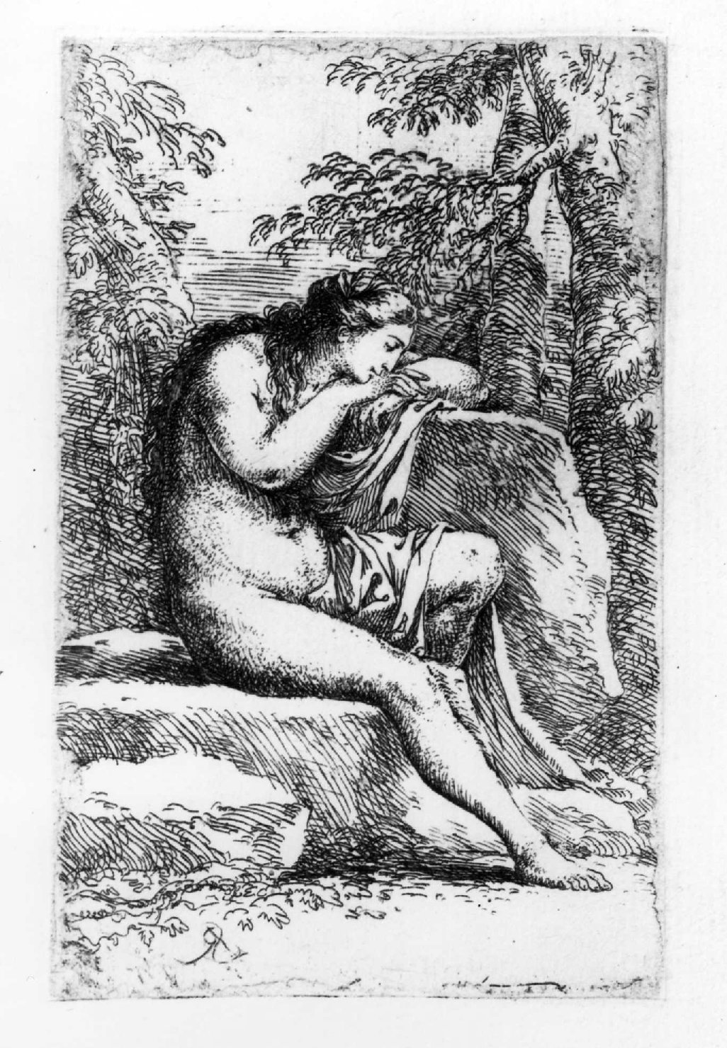 Donna nuda in meditazione, figura femminile nuda (stampa, serie) di Rosa Salvatore (sec. XVIII)