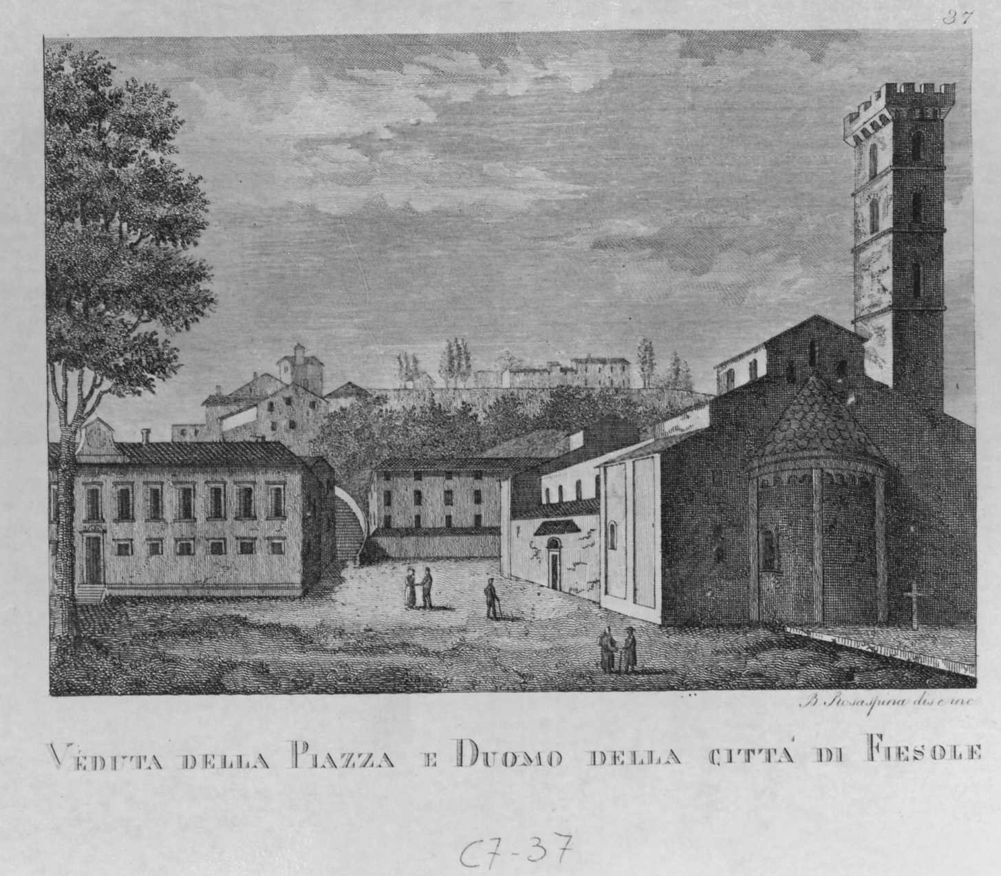 Veduta della piazza e Duomo della città di Fiesole, veduta di Fiesole (stampa smarginata, serie) di Rosaspina Bernardino (sec. XIX)