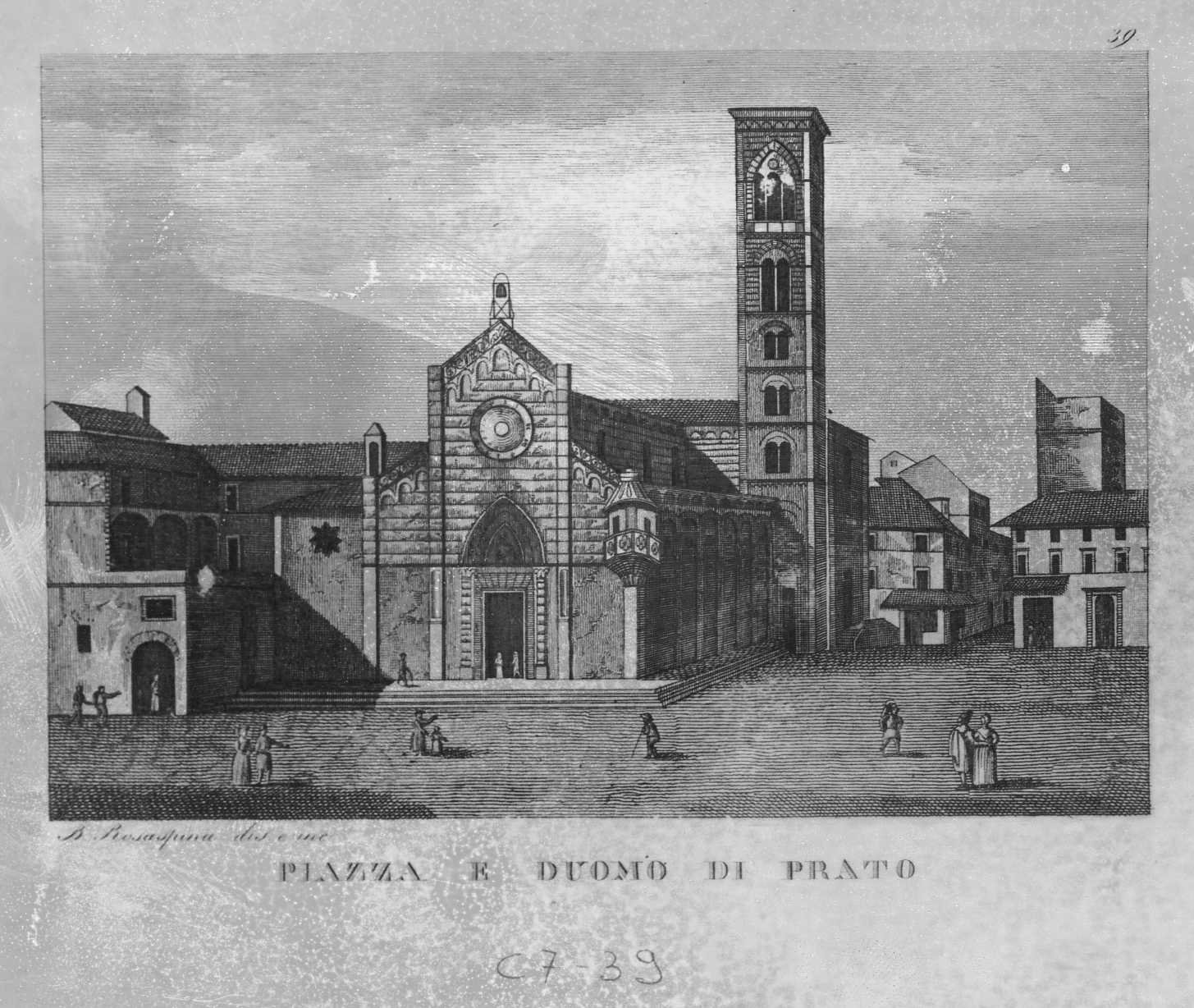 Piazza e duomo di Prato, veduta di Prato (stampa smarginata, serie) di Rosaspina Bernardino (sec. XIX)