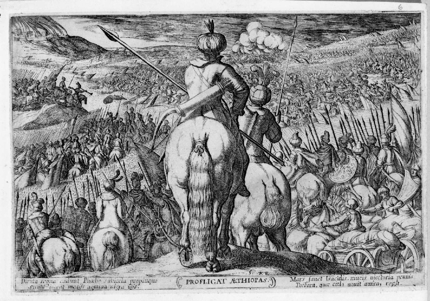 Sconfitta degli Etiopici, Mosè combatte contro i mori (stampa smarginata, serie) di Tempesta Antonio (sec. XVII)