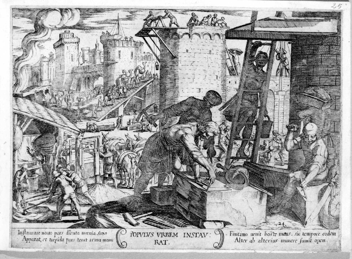 Israeliti ricostruiscono le mura di Gerusalemme (stampa smarginata, serie) di Tempesta Antonio (sec. XVII)