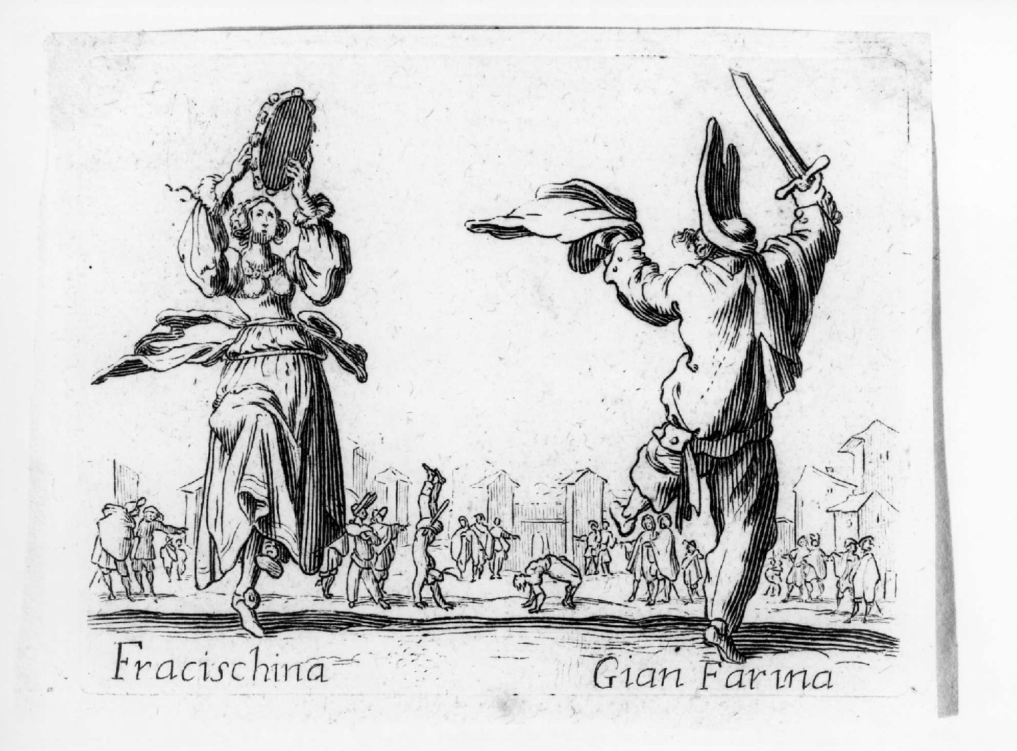 Francischina e Gian Farina, personaggi della commedia dell'Arte (stampa, serie) di Callot Jacques (sec. XVII)