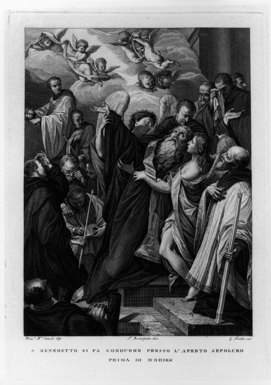 San Benedetto si fa condurre al sepolcro (stampa, serie) di Canuti Domenico Maria, Tomba Giulio, Rosaspina Francesco (sec. XIX)