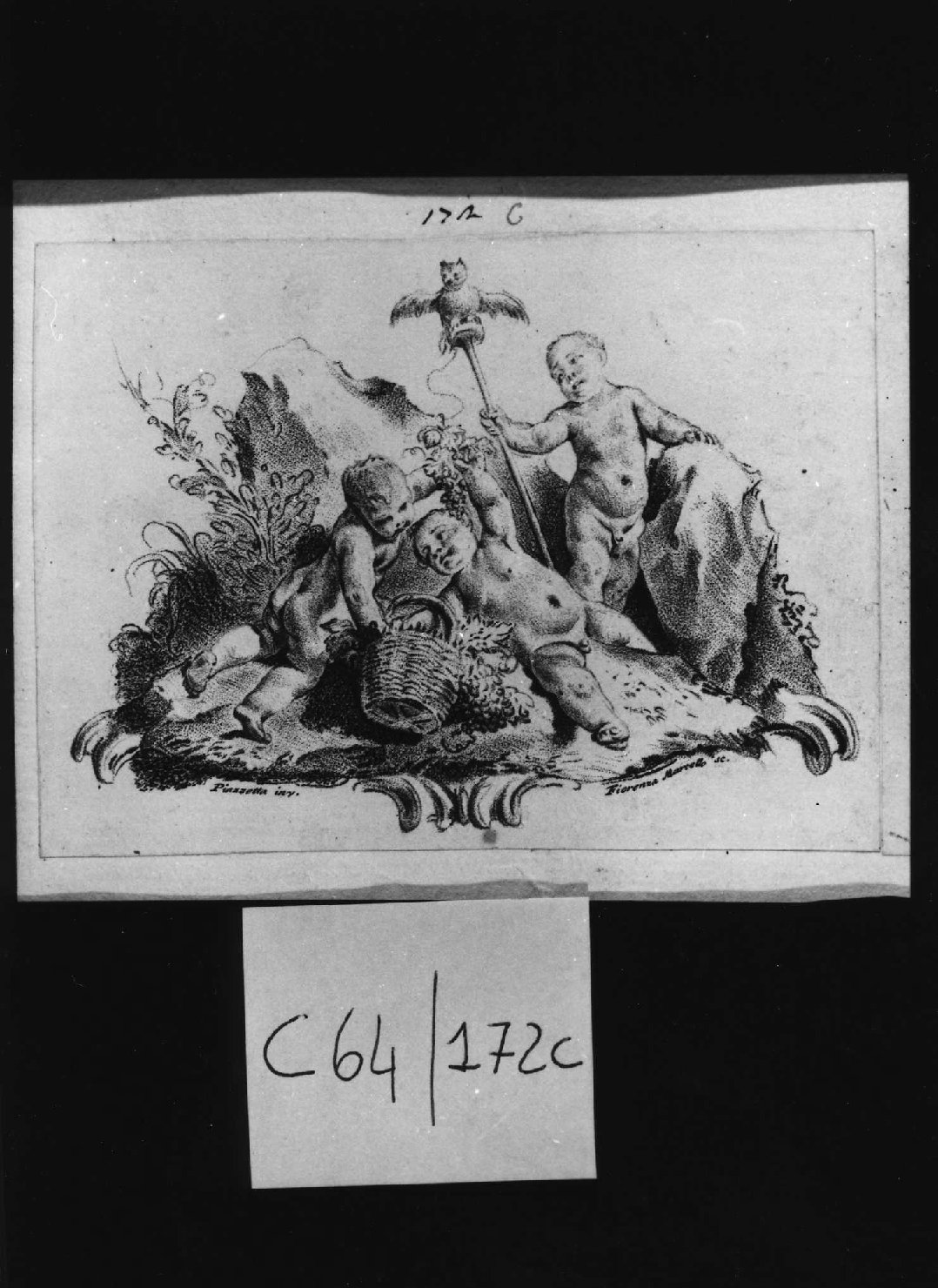 Tre putti con civetta, putti (stampa smarginata, serie) di Piazzetta Giovanni Battista, Marcello Fiorenza (sec. XVIII)