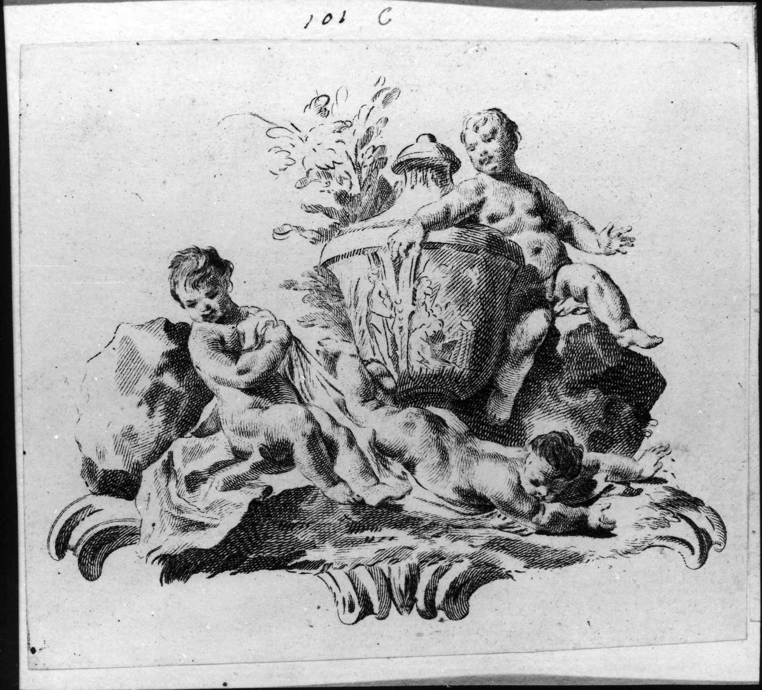 Putti intorno ad un'urna, putti con urna (stampa smarginata, serie) di Piazzetta Giovanni Battista, Patrini Giuseppe (sec. XVIII)