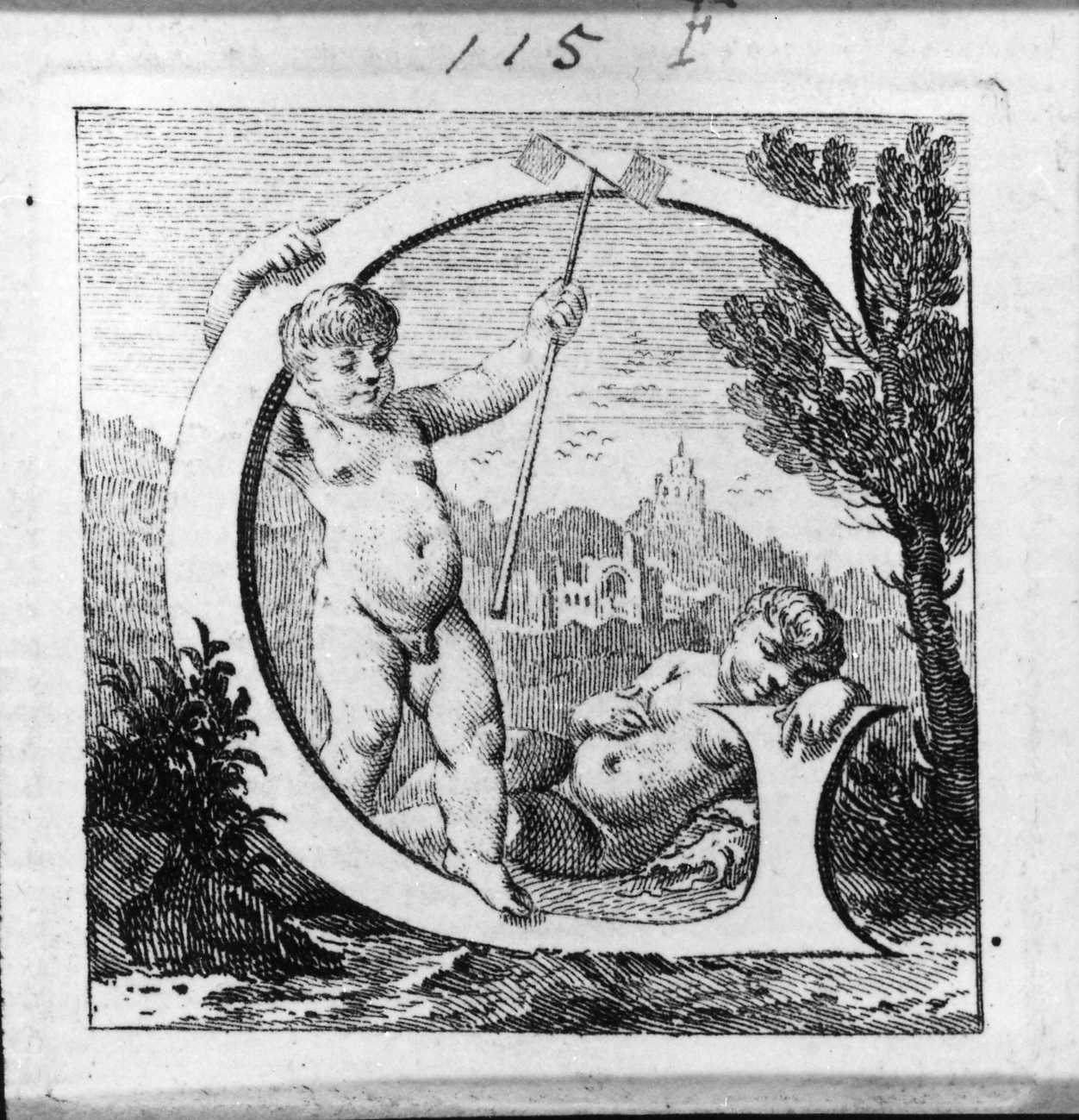 Iniziale istoriata con putti e paesaggio, lettera iniziale istoriata (stampa, serie) di Piazzetta Giovanni Battista (sec. XVIII)