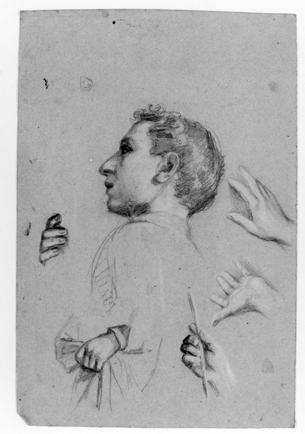 testa d'uomo e mani (disegno) di Recchia Angelo (metà sec. XIX)