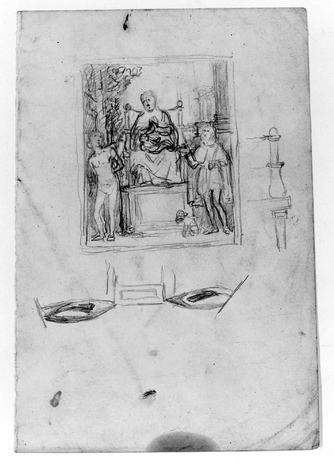 Madonna con Bambino, San Sebastiano e San Rocco (disegno) di Recchia Angelo (maniera) (metà sec. XIX)