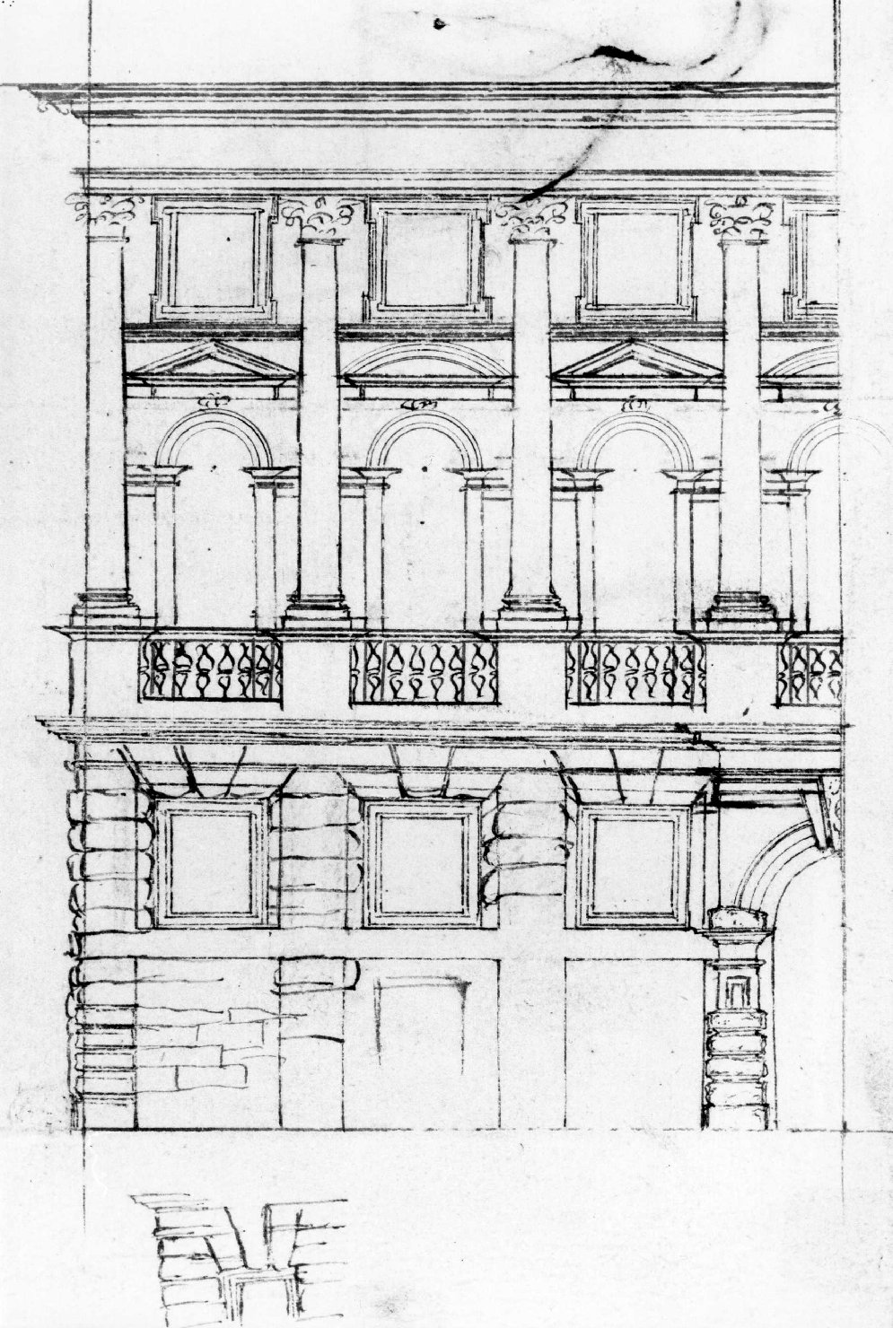 prospetto di edificio (disegno) di Farinati Paolo (bottega) (seconda metà sec. XVI)